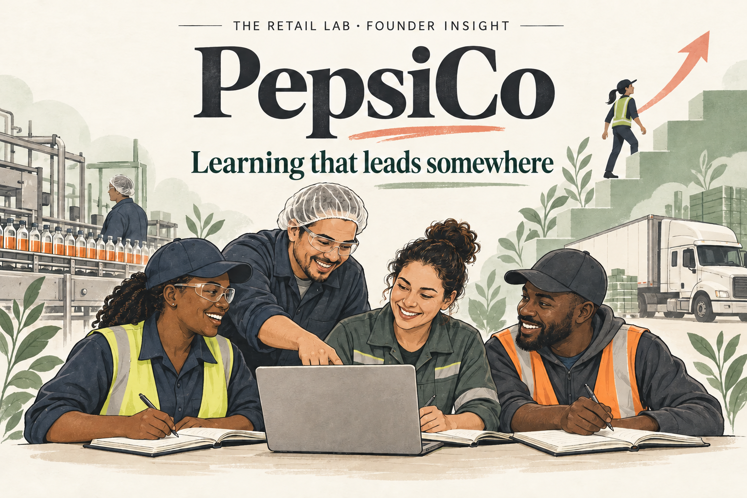 PepsiCo: Learning that leads somewhere. Editorial watercolor of frontline food and beverage employees studying together, with a production line and delivery vehicle behind them.